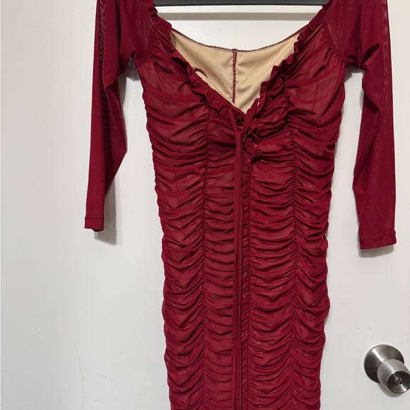shein curve Dresses & Skirts - SHEIN Burgundy Ruched Long Sleeve Dress